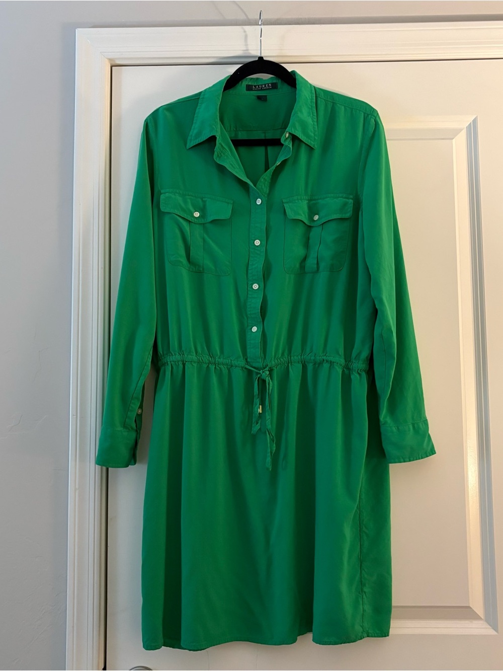 Lauren Ralph Lauren Women’s Green Waist Tie VisvoLong-Sleeve Shirt Dress